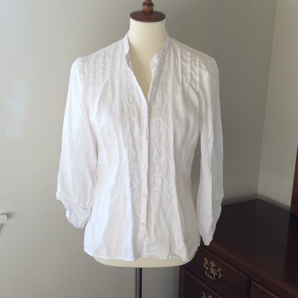 100% Linen white embroidered blouse, size M